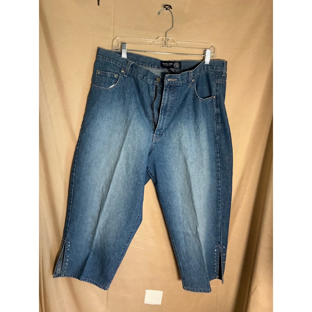 Venezia Jeans Denim Capris Women 18 Blue Excellent Rhinestone Side Slit Cropped